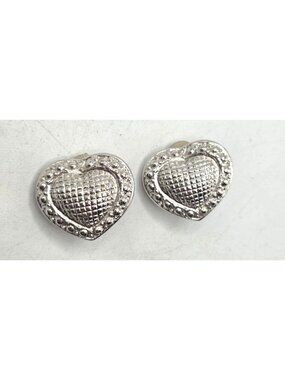 Vintage Silver-Tone Heart Clip-On Earrings Textured Design